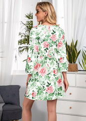 Floral Printed V Neck Long Sleeve Dress