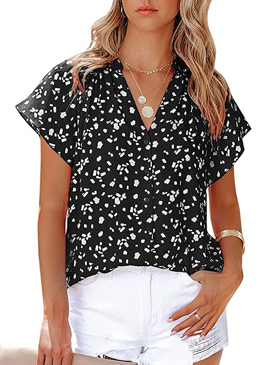 Women's Blouses Chiffon Fashion Print V Neck Short Sleeve Blouse