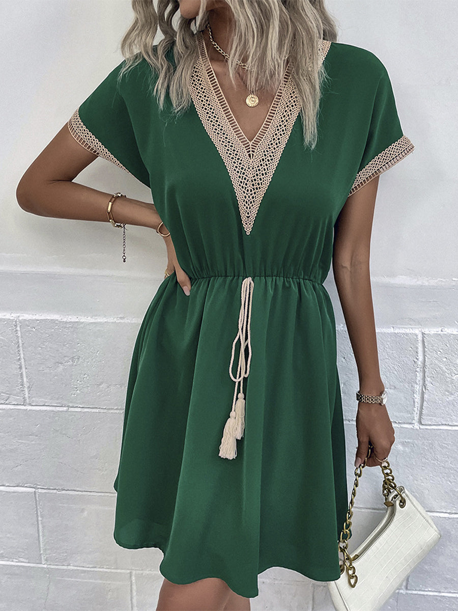 Women's Dresses Casual Holiday Lace Stitching Waist V Neck Mini Dress