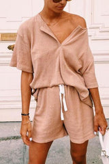 Solid V Neck Loose T Shirt Short Set
