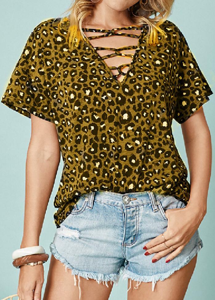 Leopard Printed V Neck Short Sleeve T-shirt