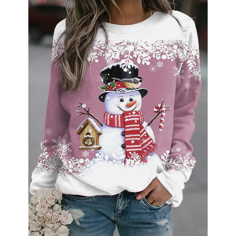 Casual Long Sleeve Crew Neck Snowman Print Sweatshirt