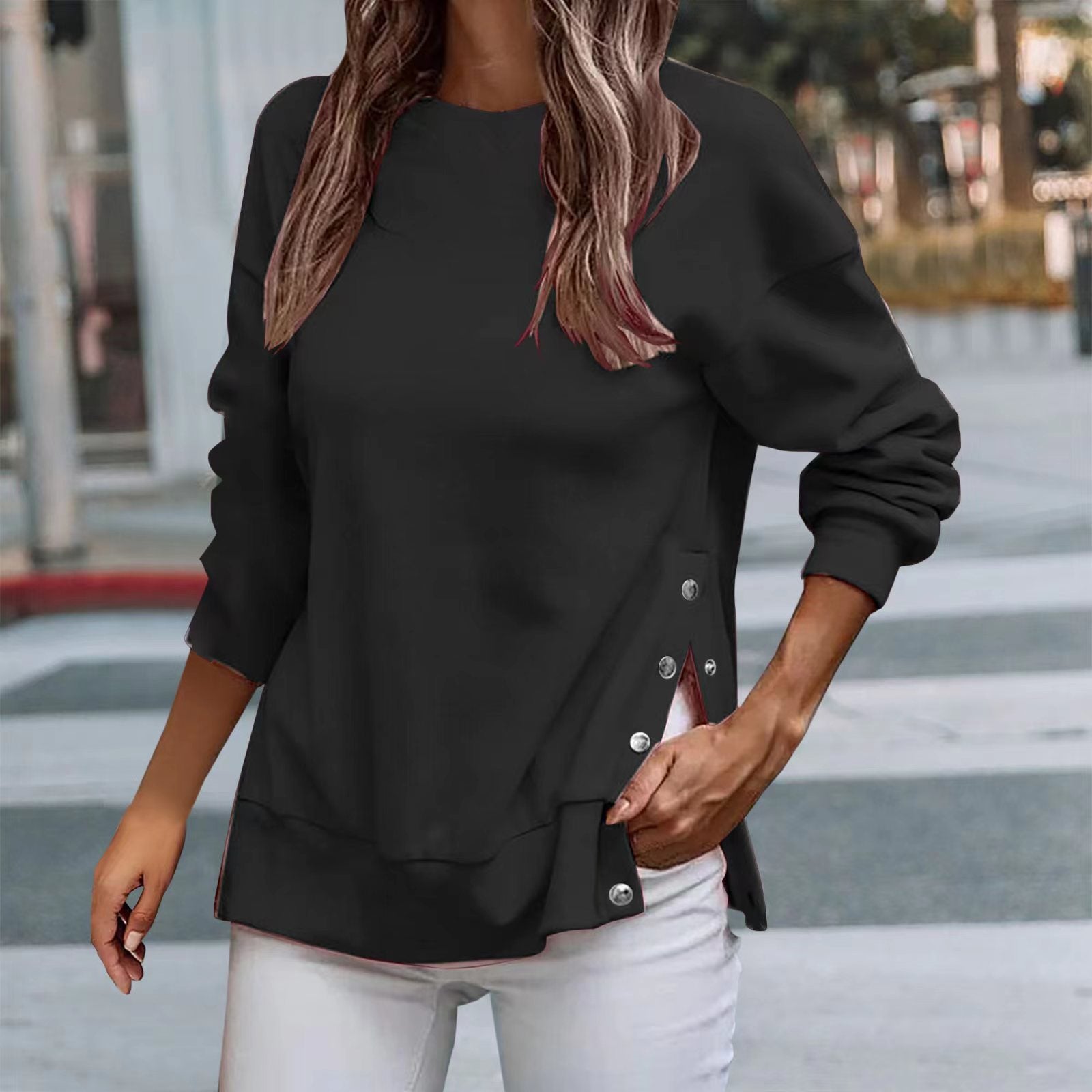 Long Sleeve O-Neck Button Side Slit Solid Sweatshirt