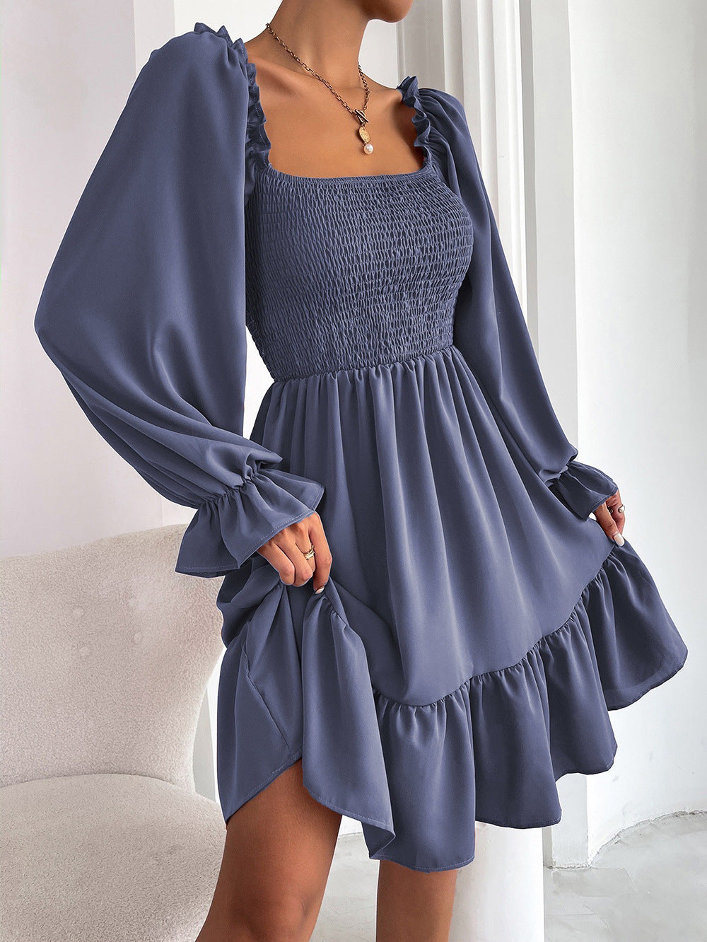 Square Neck Long Sleeve Elastic Waist Midi Dress