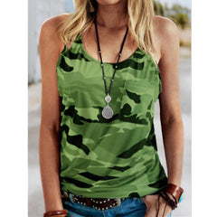 Spaghetti Strap Round Neck Sleeveless Camouflage Print Tops