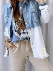 Stylishly Ripped Loose Lapel Vintage Denim Coat