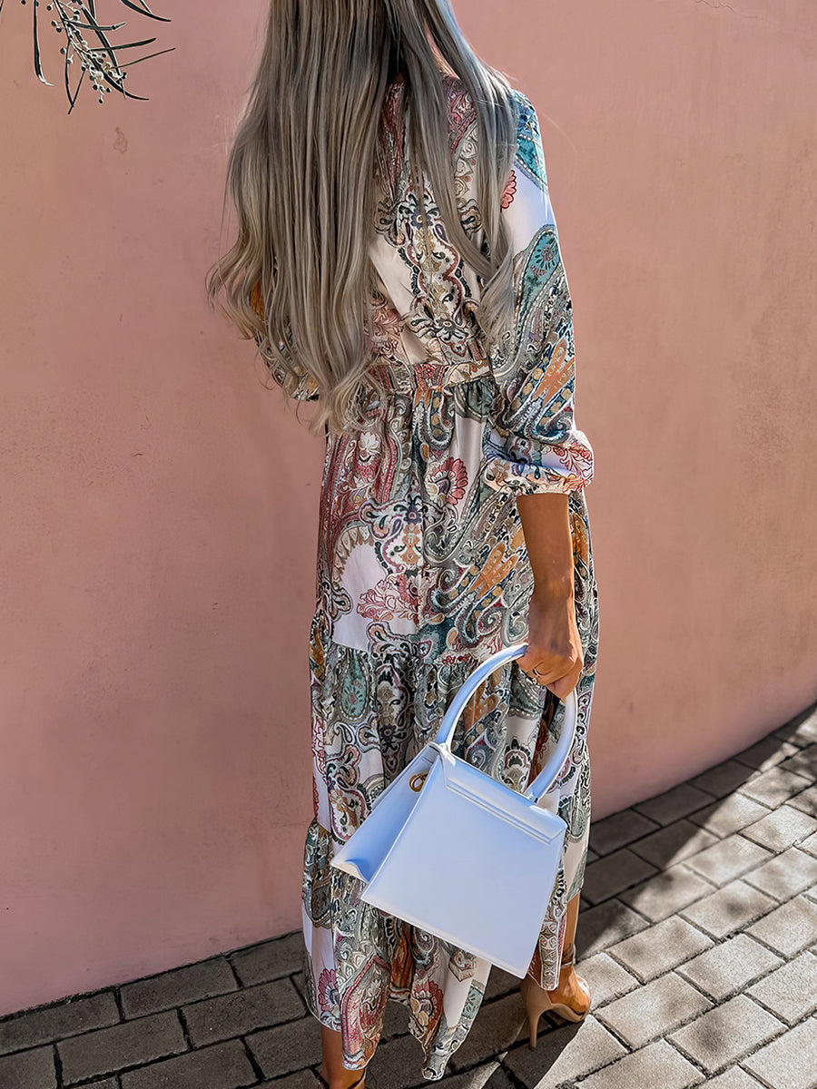 Women Dresses Fashion Print V Neck Long Sleeve Midi Dress