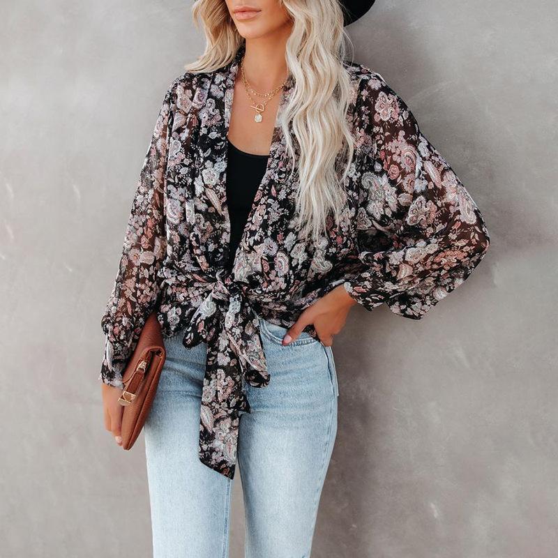 Tie Front Floral Long Sleeve Blouse Top