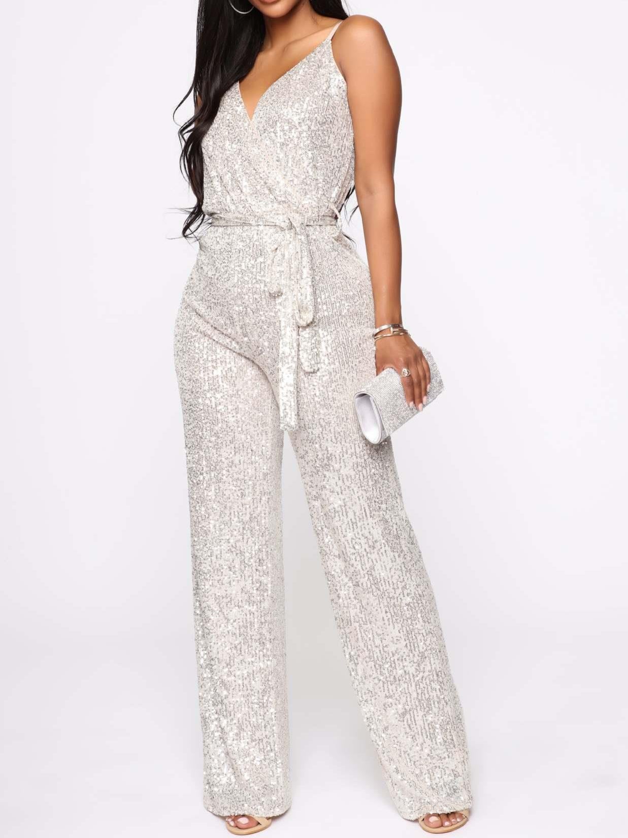 Spaghetti Strap V-Neck Belted Sequin Jumpsuit