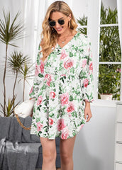 Floral Printed V Neck Long Sleeve Dress