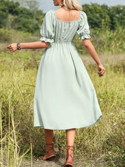 Stylish V Neck Elegant Solid Color For Versatile Puff Sleeve Midi Dress