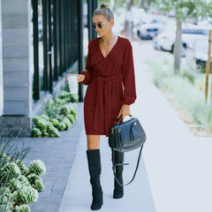 Casual V Neck Long Sleeve Front Wrap Knit Sweater Dress