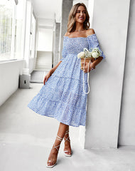 Square Neck Short Sleeves Printed Midi Dress