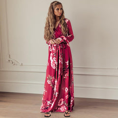 Casual V Neck Long Sleeve Loose Maxi Dress