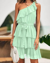 Bow Tie One Shoulder Bleted Tiered Dress