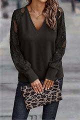 Classic V Neck Stylish Lace Long Sleeve Sweater Top