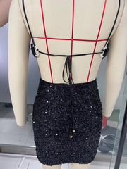Fashion Spaghetti Strap Sequined Backless Mini Dress
