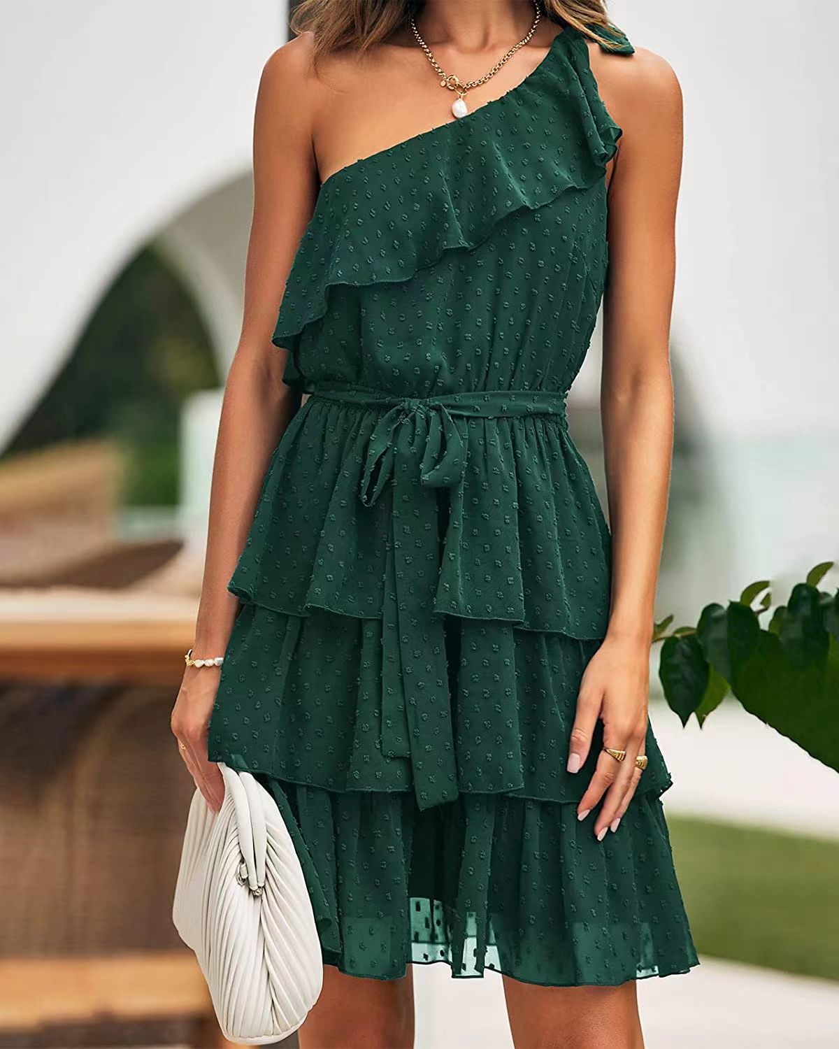 Bow Tie One Shoulder Bleted Tiered Dress
