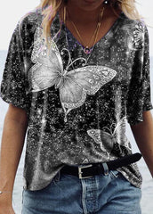Butterfly Printed V Neck Short Sleeve T-shirt