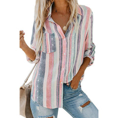 Casual V-Neck Long Sleeve Buttoned Striped Shirt