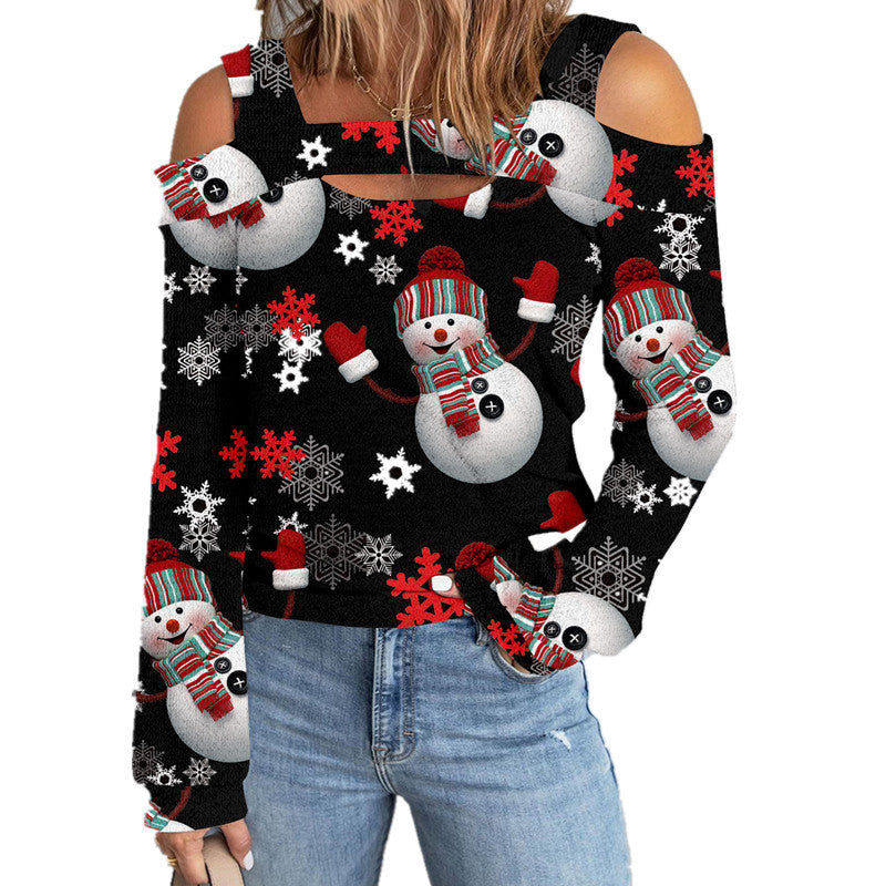 Long Sleeve Cut Out Printed Loose Christmas Blouse