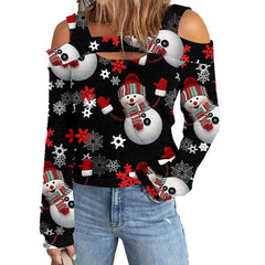 Long Sleeve Cut Out Printed Loose Christmas Blouse