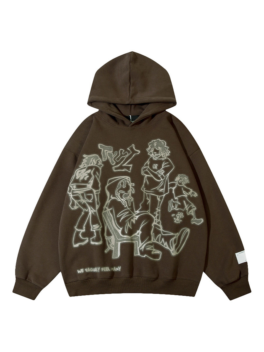 Star Letter Print Zip Up Loose Retro Oversized Long Sleeve Hoodie