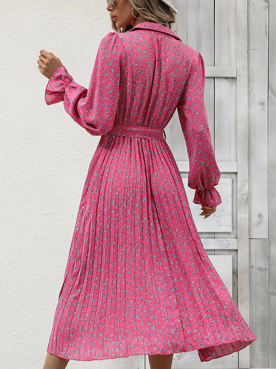 Women Dresses Fashion Pleated Tie Long Sleeve Midi Dress
