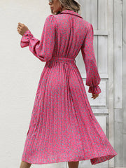 Women Dresses Fashion Pleated Tie Long Sleeve Midi Dress