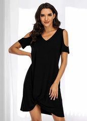 Cold Shoulder V Neck Solid Color Dress