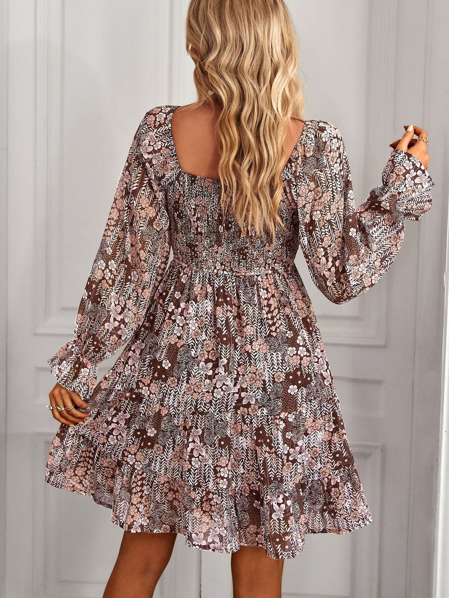 Square Neck Long Sleeve Fit Flare Mini Dress