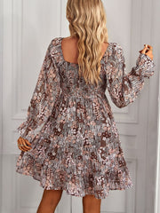 Square Neck Long Sleeve Fit Flare Mini Dress