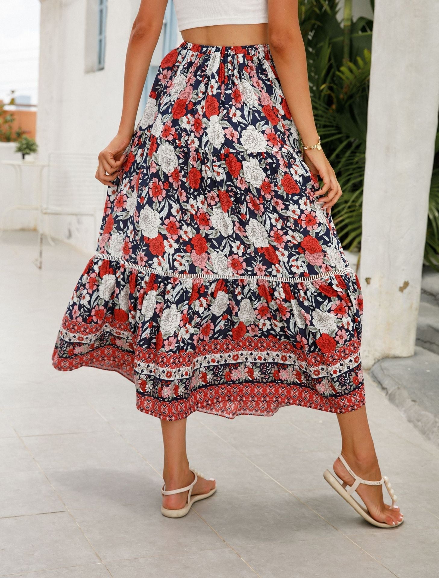 Floral Print Elastic High Waist Pleated Maxi Skirt
