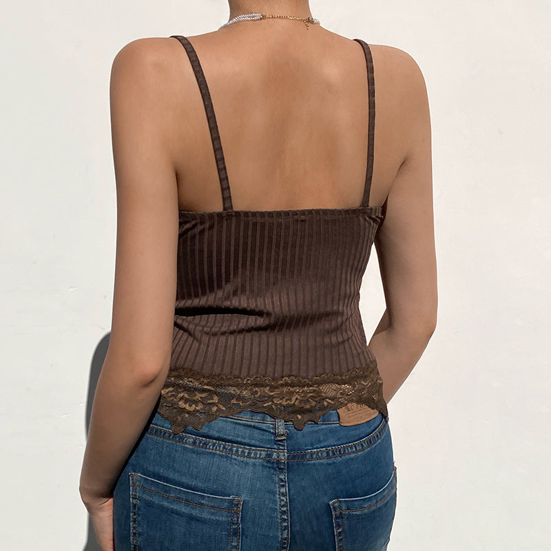 Spaghetti Strap V-Neck Solid Color Lace Tank Top