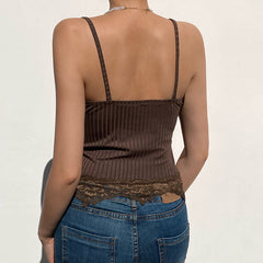 Spaghetti Strap V-Neck Solid Color Lace Tank Top