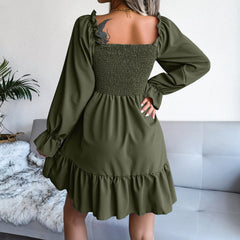 Square Neck Long Sleeve Solid Flared Mini Dress