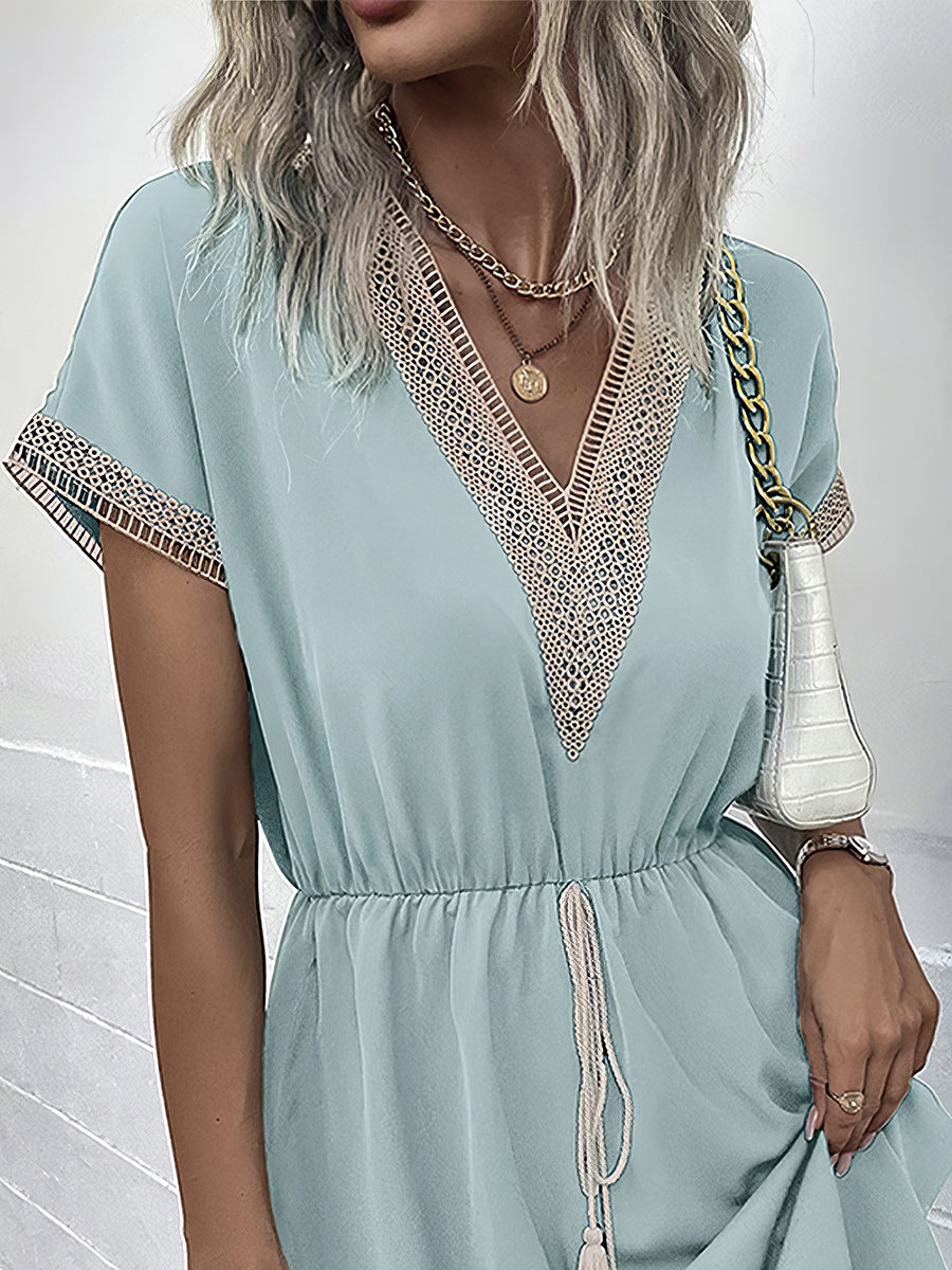 Women's Dresses Casual Holiday Lace Stitching Waist V Neck Mini Dress