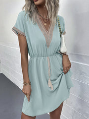Women's Dresses Casual Holiday Lace Stitching Waist V Neck Mini Dress