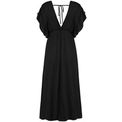 Short Sleeve Deep V Neck Button Down Maxi Dress