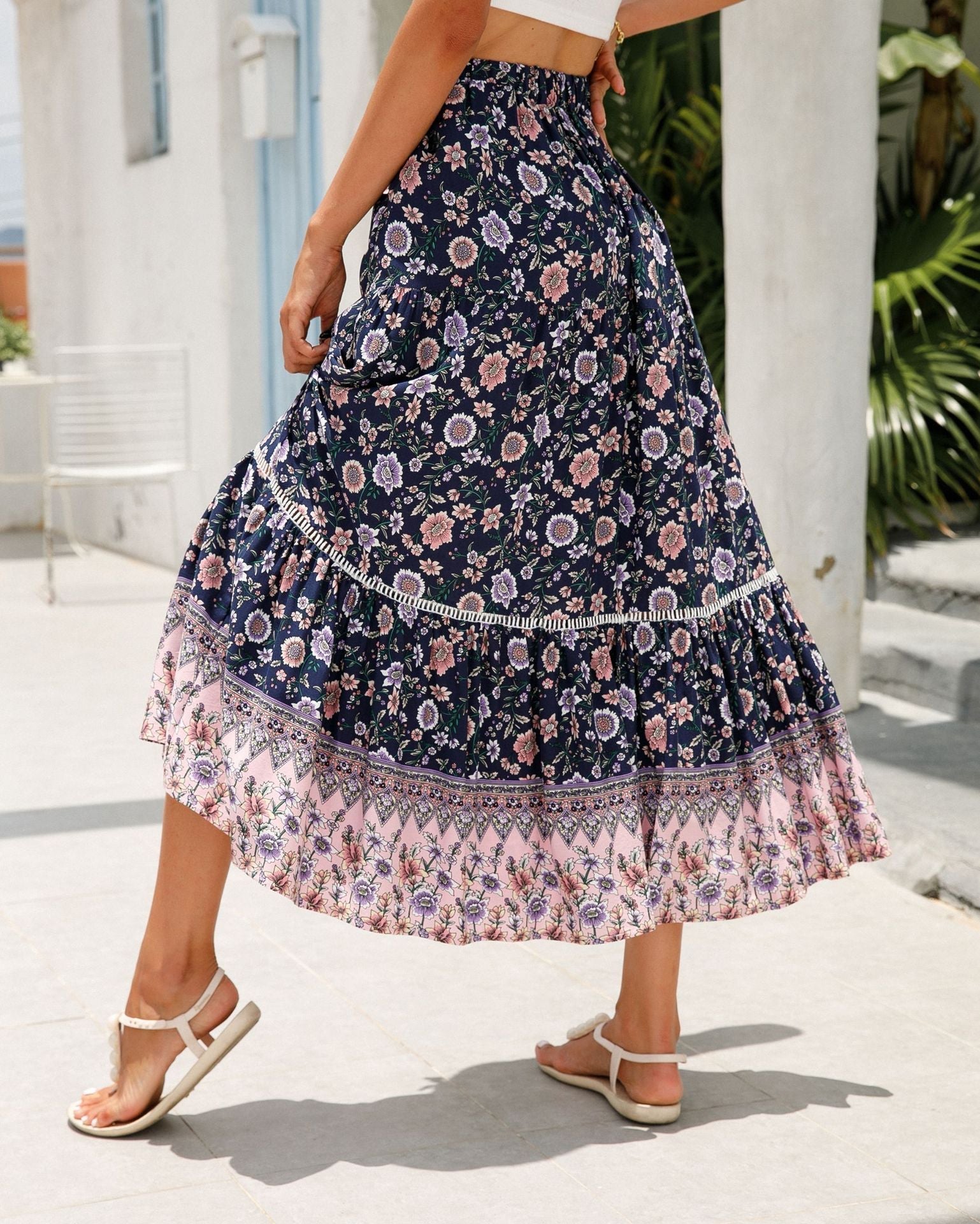 Floral Print Elastic High Waist Pleated Maxi Skirt