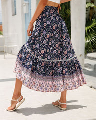 Floral Print Elastic High Waist Pleated Maxi Skirt