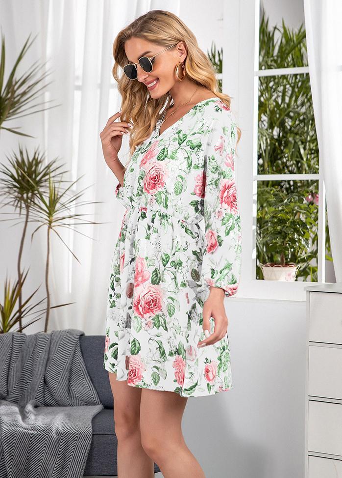 Floral Printed V Neck Long Sleeve Dress