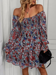 Square Neck Long Sleeve Fit Flare Mini Dress