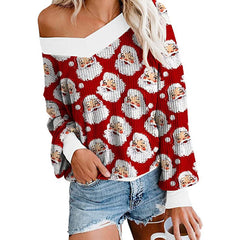 Fashion V-Neck Long Sleeve Print Sweatshirt