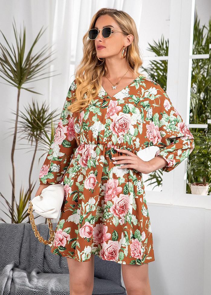 Floral Printed V Neck Long Sleeve Dress