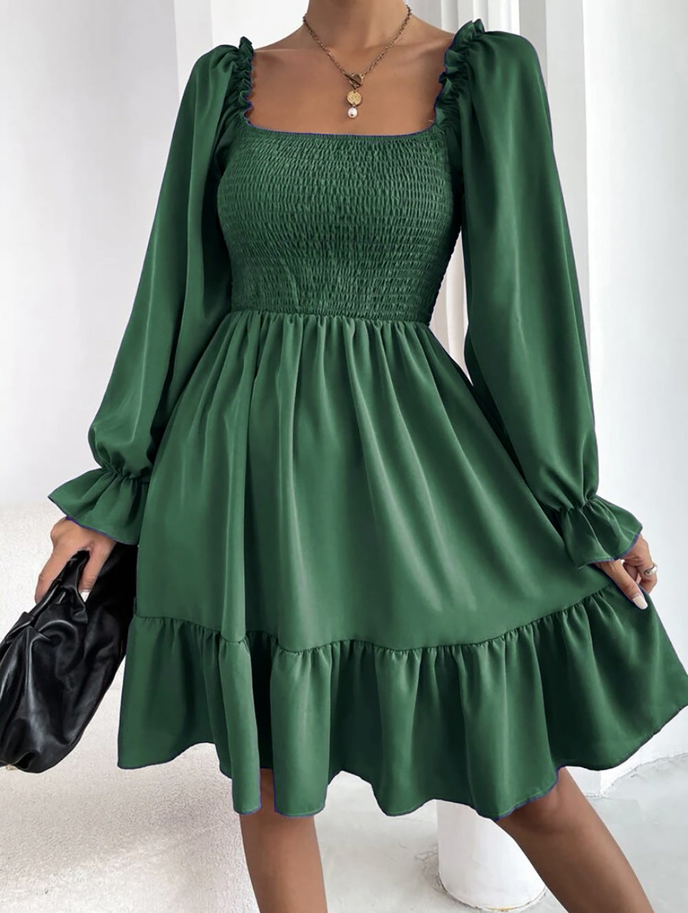 Square Neck Long Sleeve Elastic Waist Midi Dress