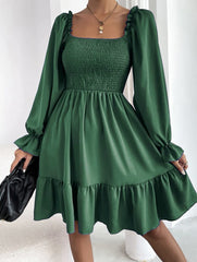 Square Neck Long Sleeve Elastic Waist Midi Dress