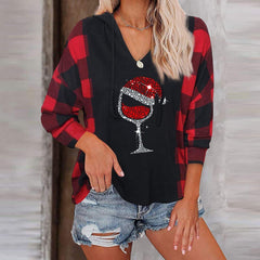 Casual V Neck Wine Glass Christmas Graphic Sweatshirt