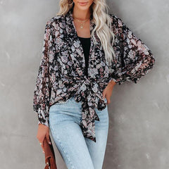 Tie Front Floral Long Sleeve Blouse Top