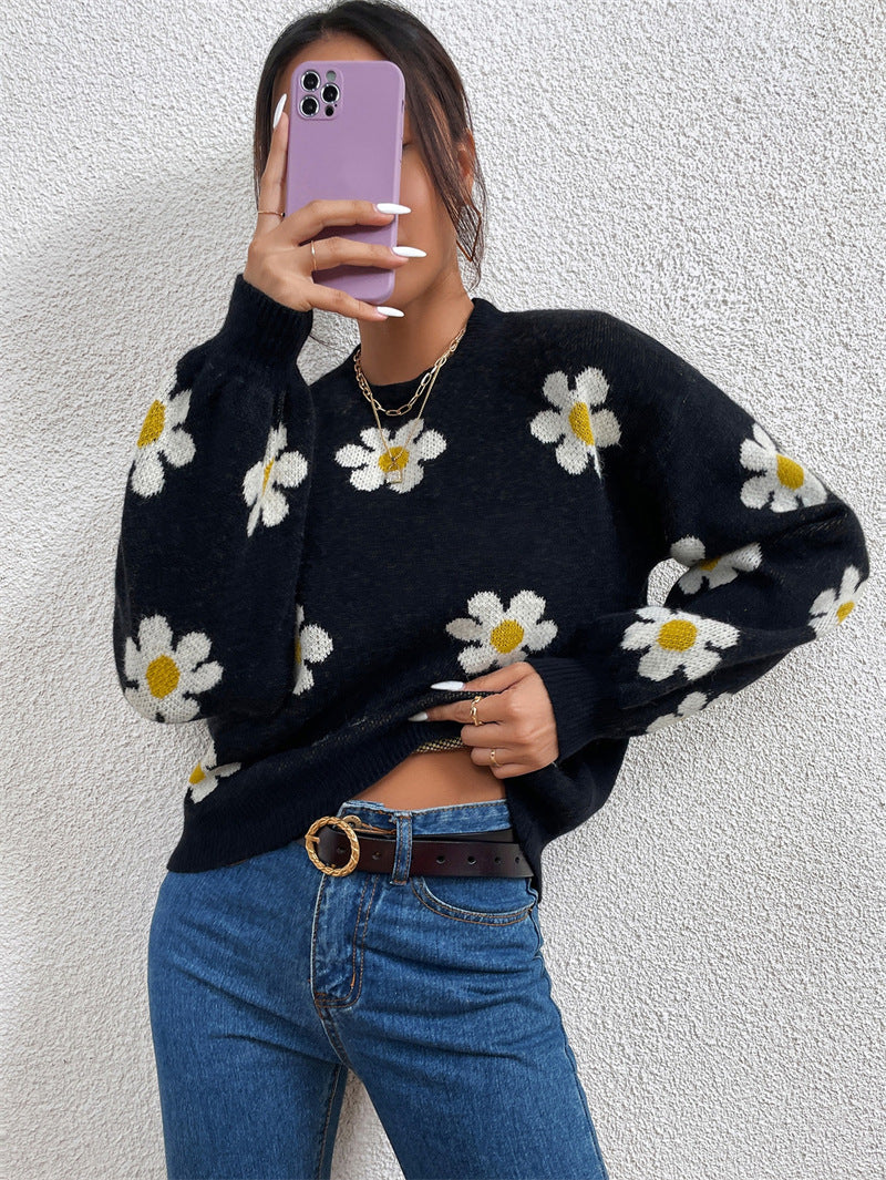 Floral Round Neck Solid Color Sweatshirt
